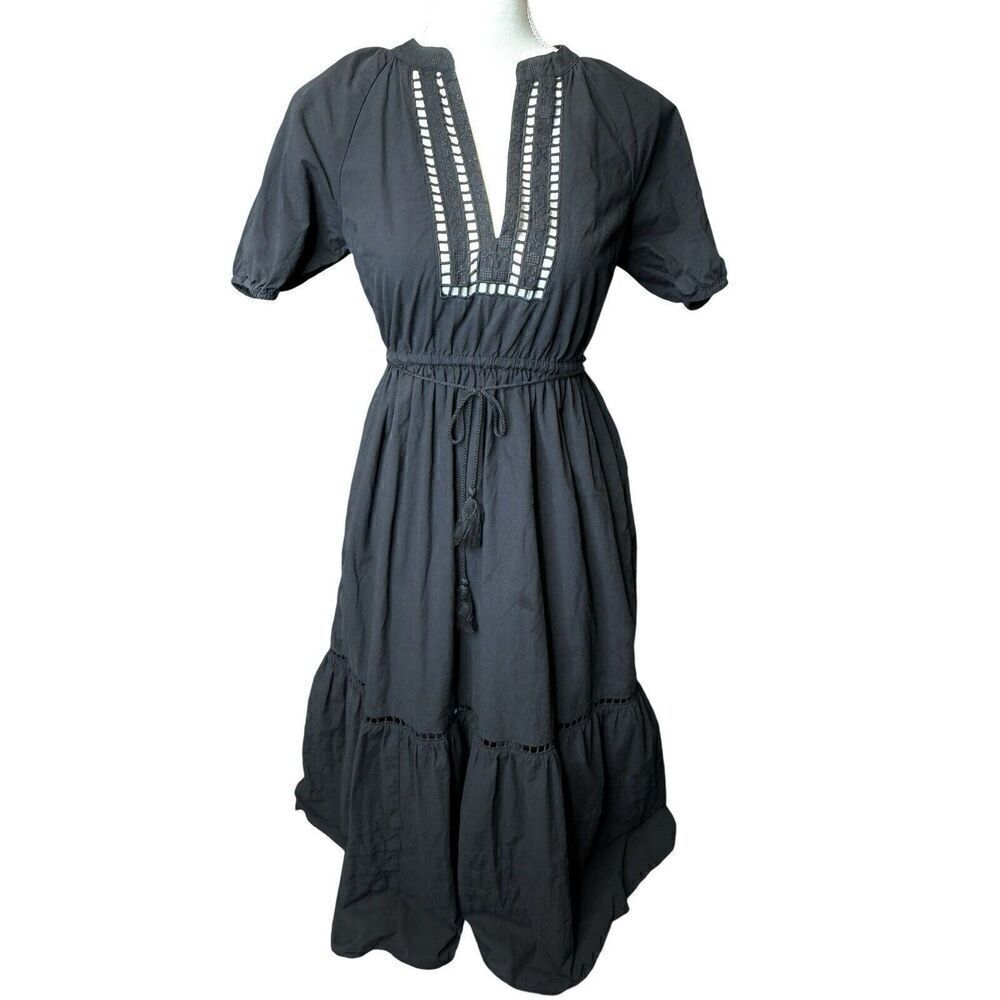 Madewell Black Poplin Tired Maxi Dress Embroidered Puff Sleeve Sz XXS